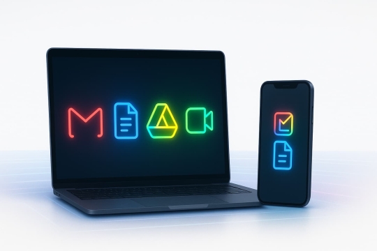 Laptop and smartphone showing glowing Google Workspace app icons for Gmail, Docs, Drive, and Meet