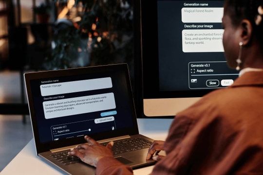 Person using AI image generator on laptop and desktop, creating futuristic cityscape and fantasy world visuals