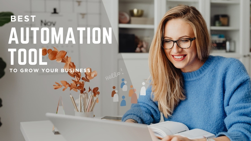 Smiling businesswoman using automation tool on laptop to grow business productivity