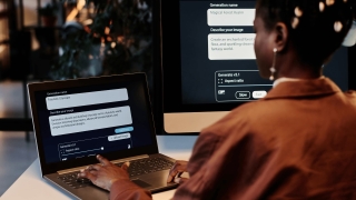 Person using AI image generator on laptop and desktop, creating futuristic cityscape and fantasy world visuals