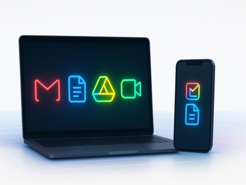 Laptop and smartphone showing glowing Google Workspace app icons for Gmail, Docs, Drive, and Meet