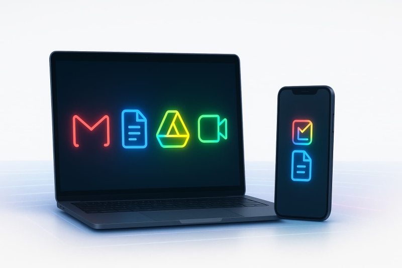 Laptop and smartphone showing glowing Google Workspace app icons for Gmail, Docs, Drive, and Meet