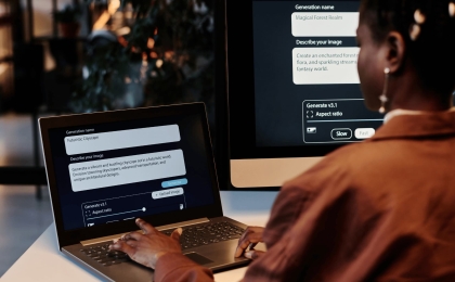 Person using AI image generator on laptop and desktop, creating futuristic cityscape and fantasy world visuals
