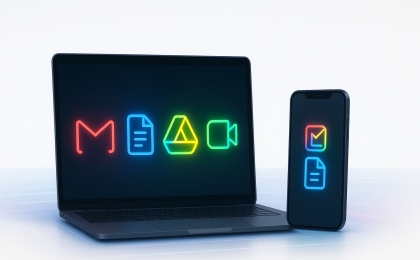 Laptop and smartphone showing glowing Google Workspace app icons for Gmail, Docs, Drive, and Meet